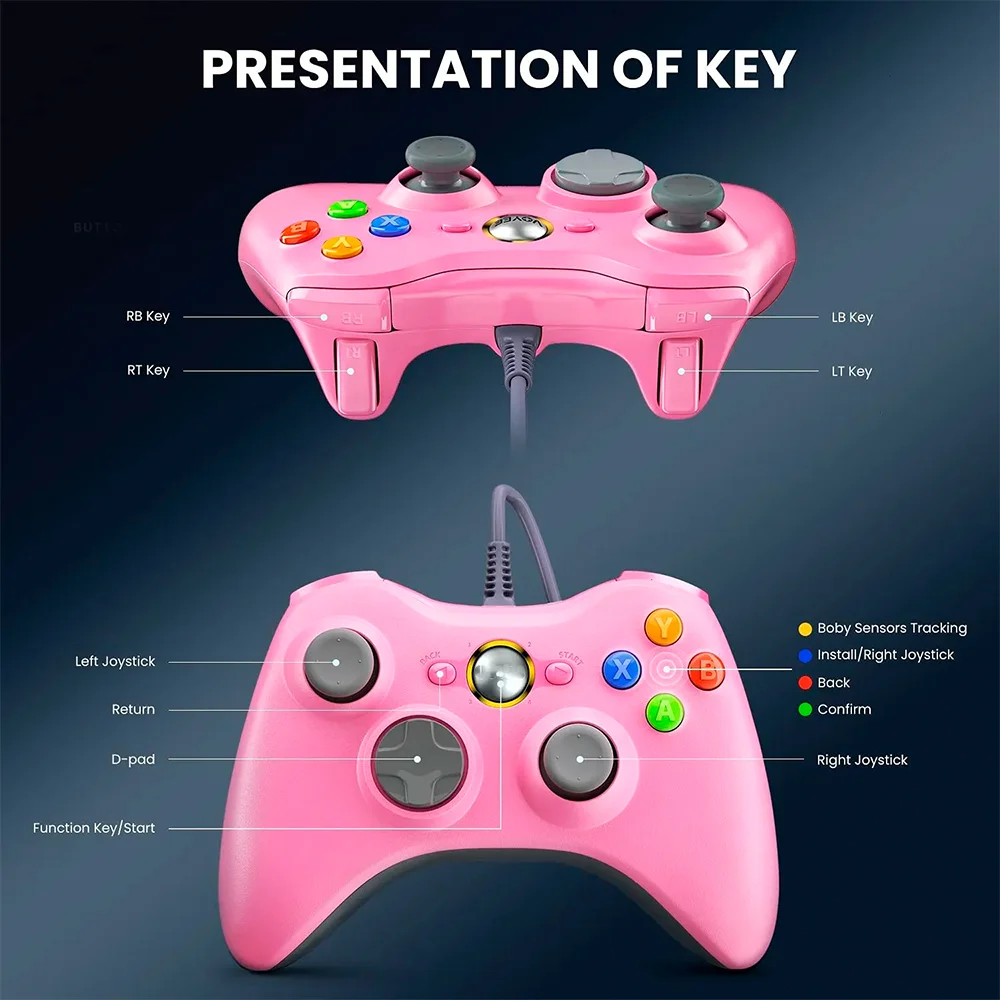 Controle Usb Com Fio Para XBOX 360 Computador Notebook - Rosa Controle Usb Com Fio Para XBOX 360 Computador Notebook - Rosa