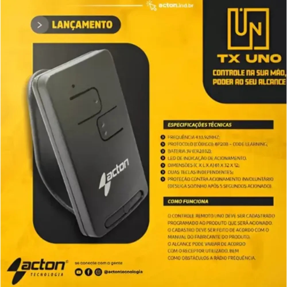 Kit 10 - Controle Remoto 433mhz Tx Uno Acton Kit 10 - Controle Remoto 433mhz Tx Uno Acton