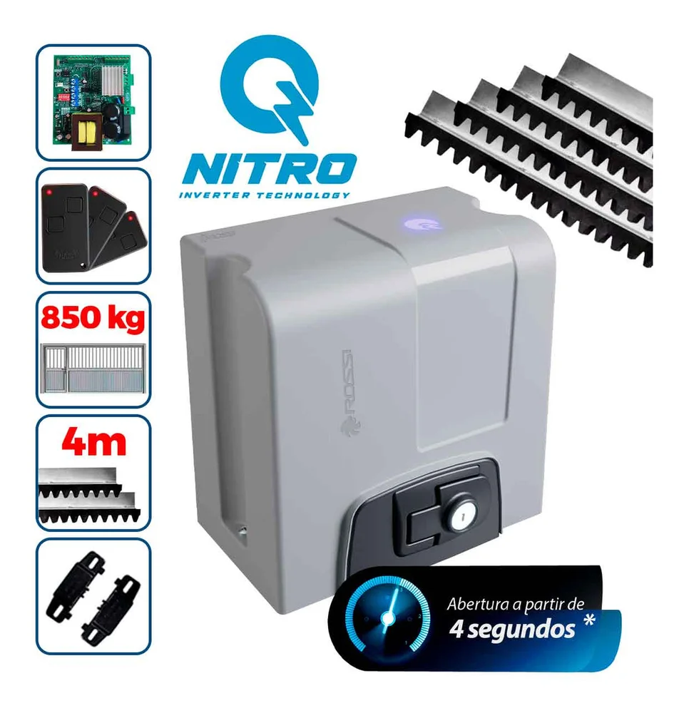 Kit Motor Rossi Dz4 Nitro Bivolt Para Portão 850kg Deslizante 3 Controles + 4 Metros De Cremalheira