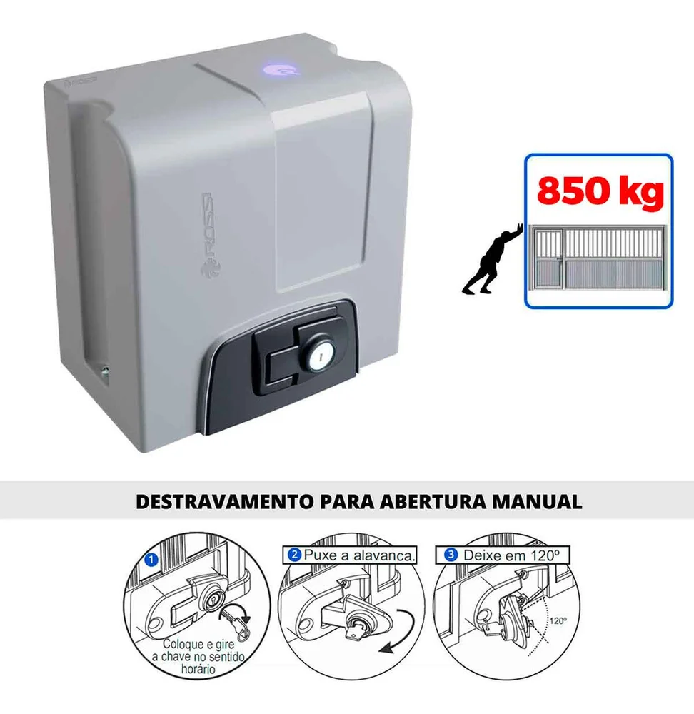 Kit Motor Rossi Dz4 Nitro Bivolt Para Portão 850kg Deslizante 3 Controles + 4 Metros De Cremalheira