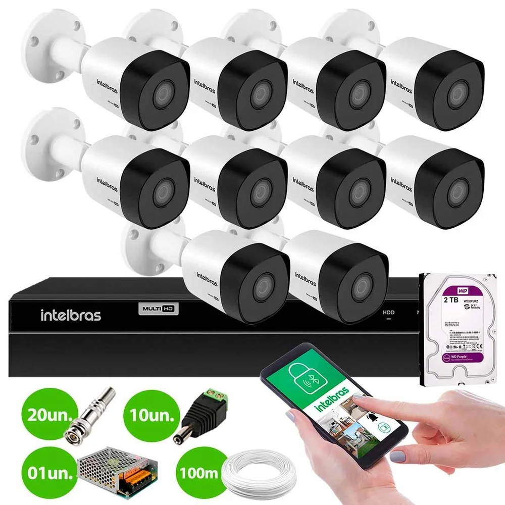 Kit 10 Câmeras Intelbras Vhd 3130 B G6 Hd 720p Visão Noturna 30m + Dvr Mhdx 1316 16 Canais + Hd 2TB