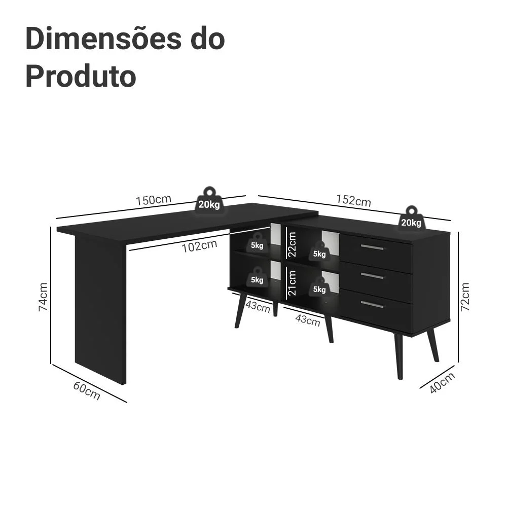 Mesa Para Computador Gamer Em L 3 Gavetas Preto Lisboa Madesa