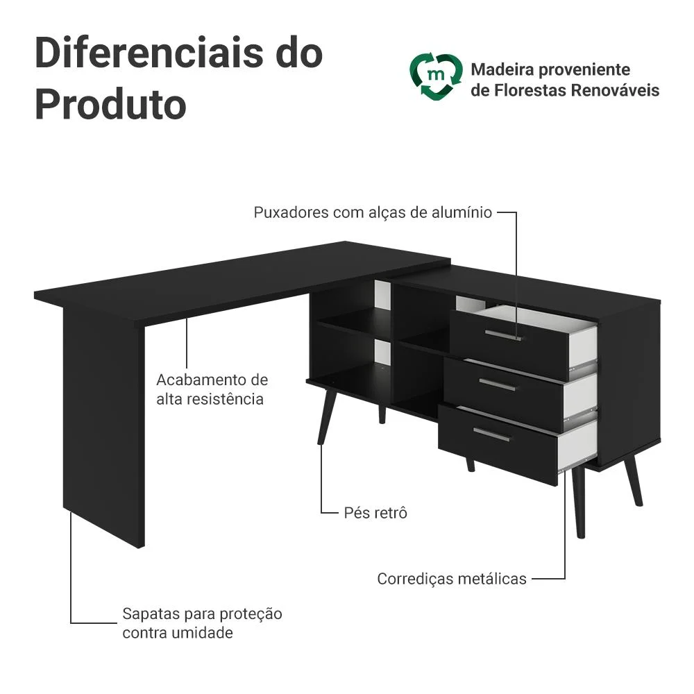 Mesa Para Computador Gamer Em L 3 Gavetas Preto Lisboa Madesa