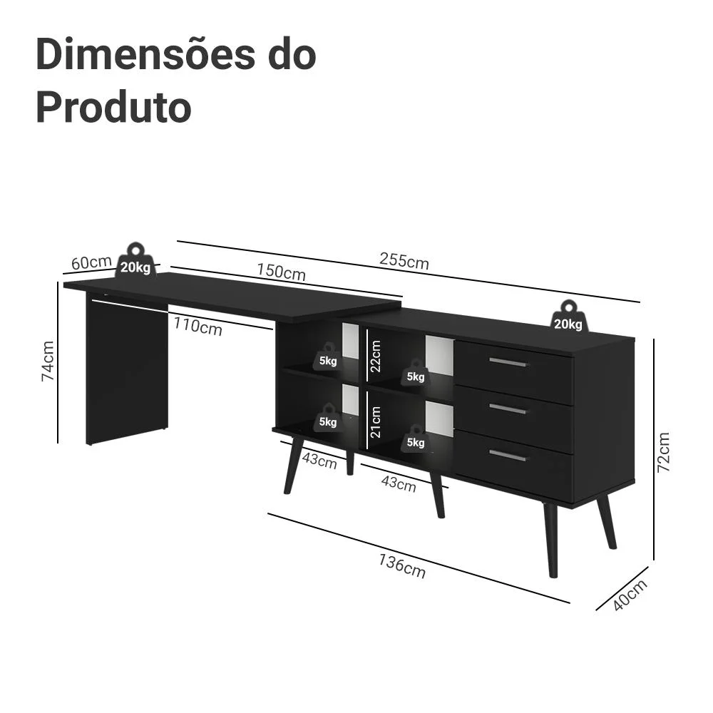 Mesa Para Computador Gamer Em L 3 Gavetas Preto Lisboa Madesa
