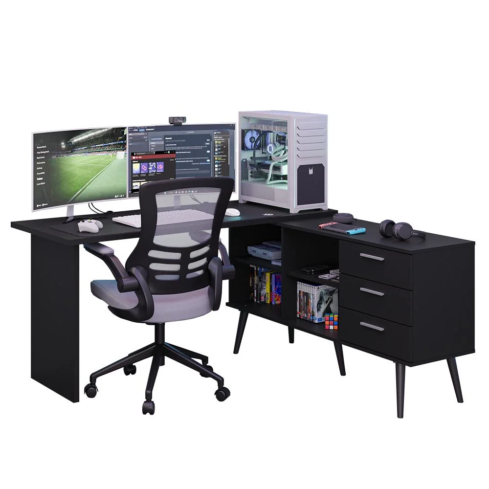 Mesa Para Computador Gamer Em L 3 Gavetas Preto Lisboa Madesa