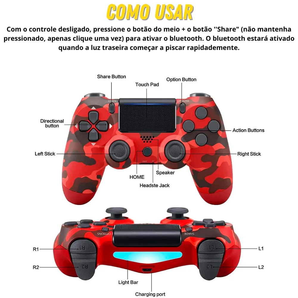 Controle Compatível Com Ps4 Dualshock 4 Camuflado Vermelho Controle Compatível Com Ps4 Dualshock 4 Camuflado Vermelho