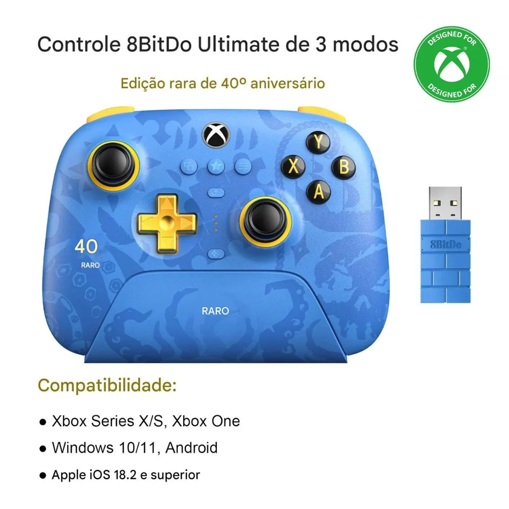 Controle 8bitdo Ultimate Rare 40 Anos Multiplataforma Controle 8bitdo Ultimate Rare 40 Anos Multiplataforma
