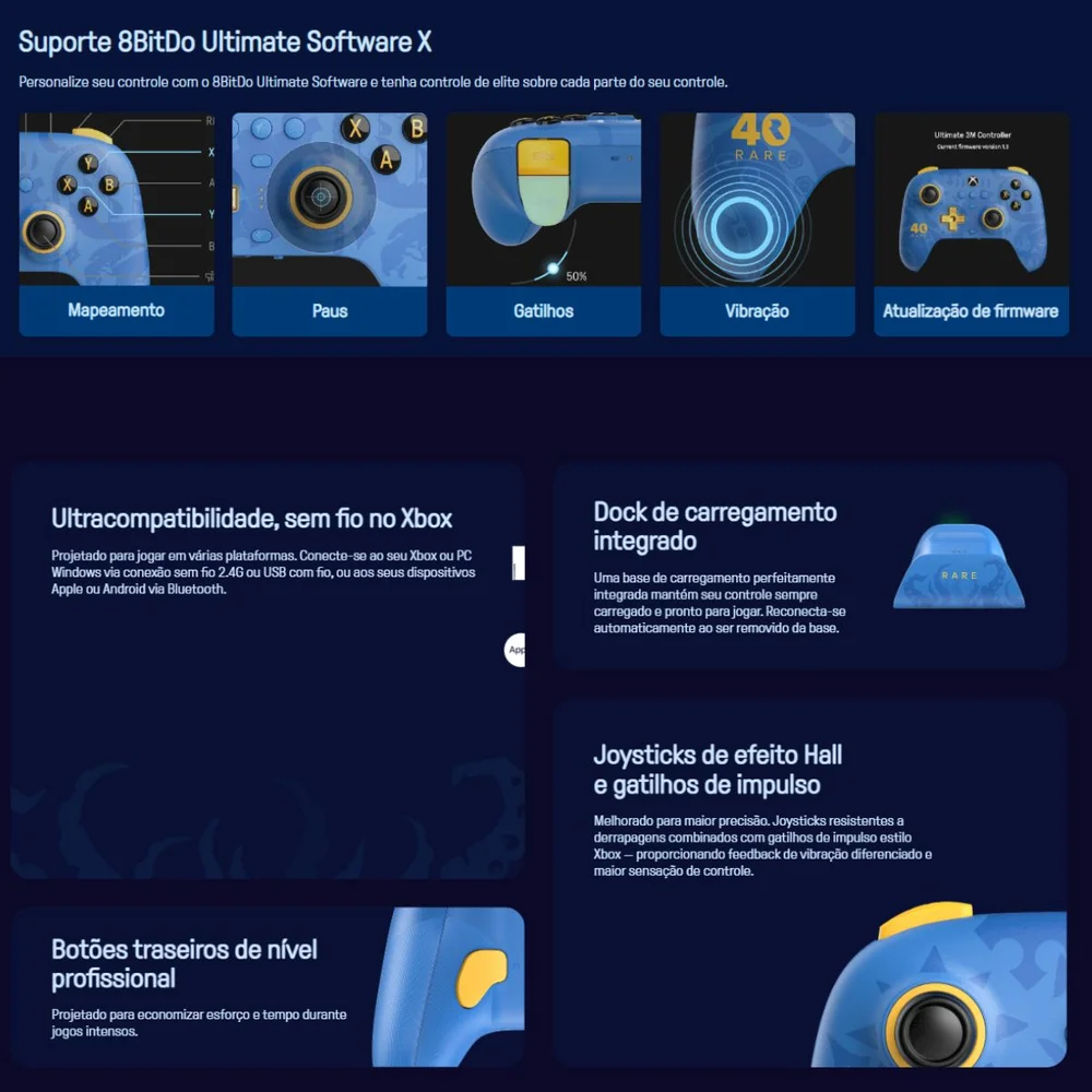 Controle 8bitdo Ultimate Rare 40 Anos Multiplataforma Controle 8bitdo Ultimate Rare 40 Anos Multiplataforma