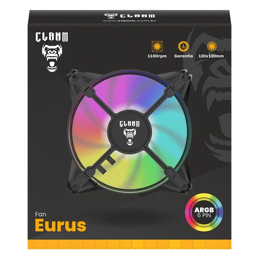 Cooler Fan ARGB Ventoinha Para Gabinete Eurus 6pin 12v Preto PC Clanm Gamer