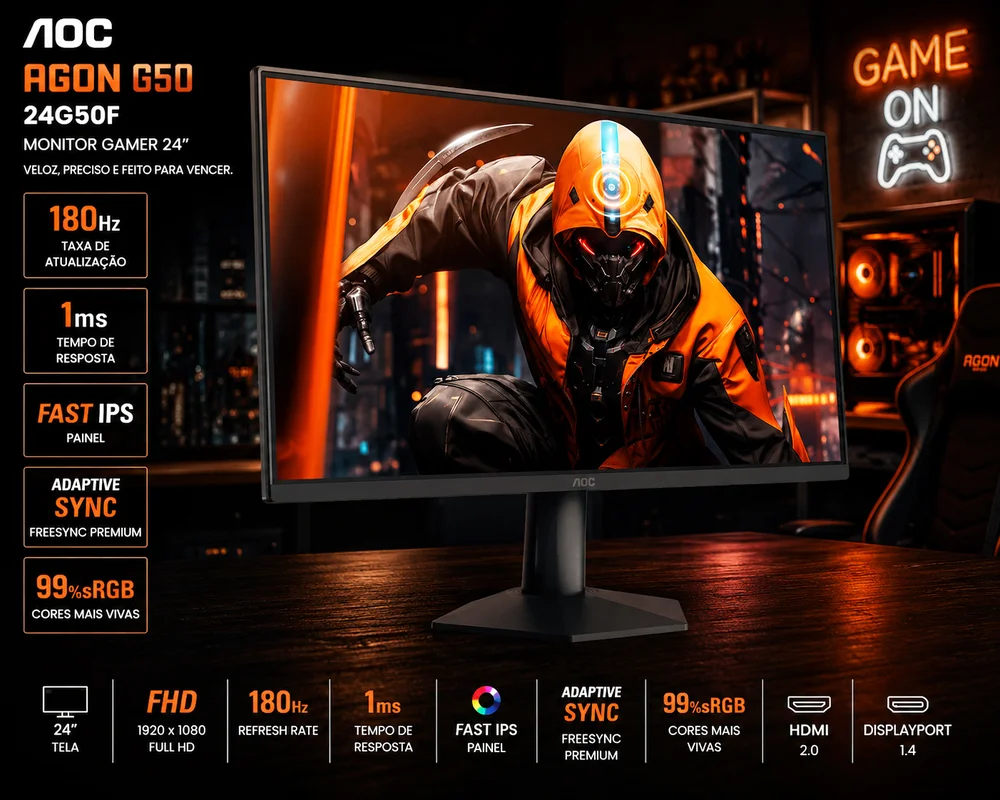 Monitor Gamer Aoc Agon G50 24” 144hz 0,5ms Ips Full Hd Hdr10 G-sync 24g50f - foto 3