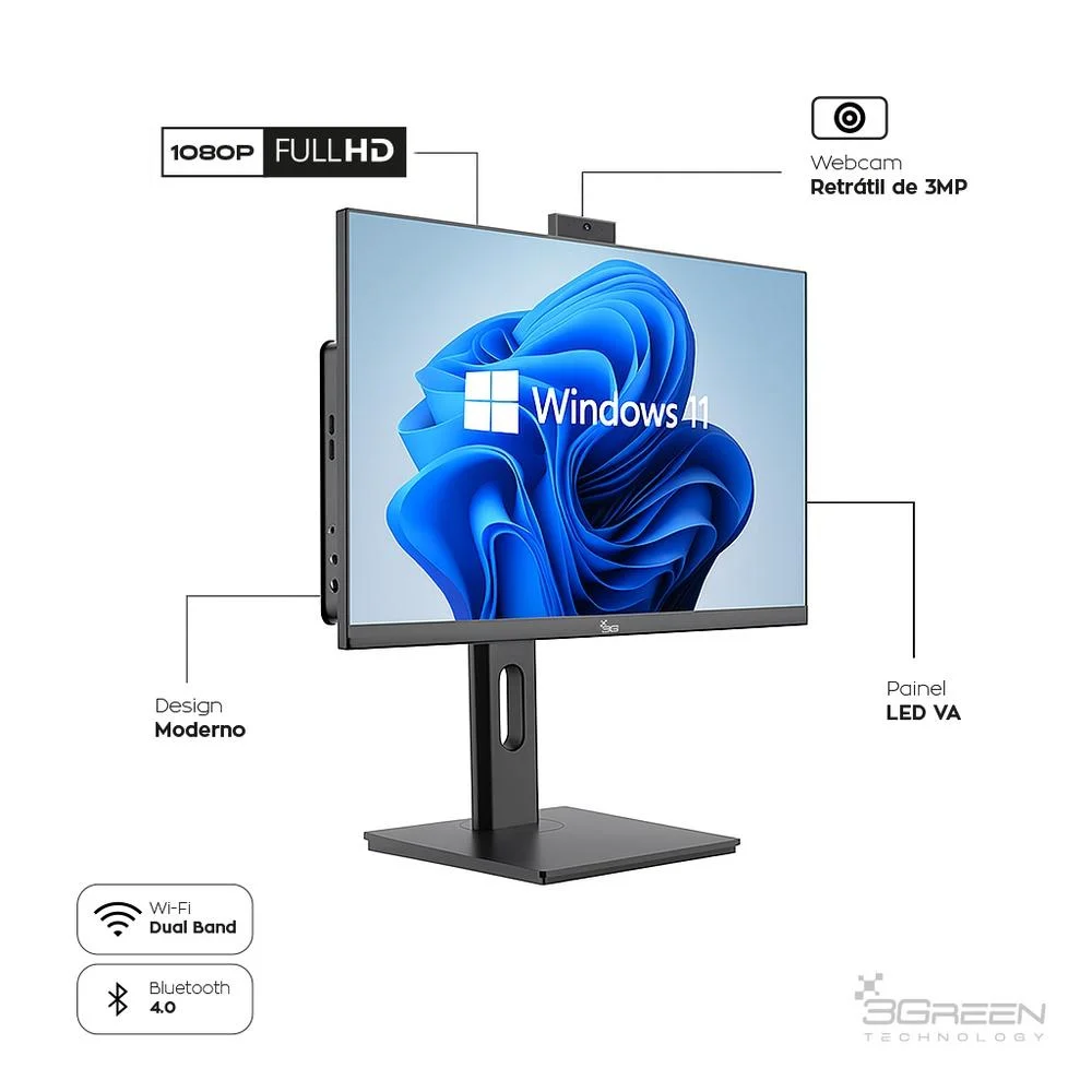"Computador All In One 24"" Preto, Intel i5 9400, 16gb, SSD 256gb, WINDOWS 11  , Webcam, Wi-fi, 3green Unique" em Campinas - foto 4